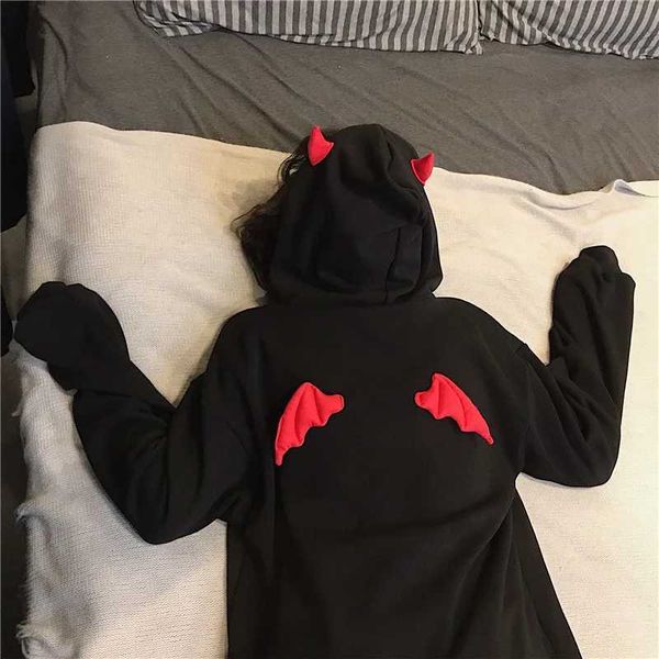 Толстовки для девочек Little Devil Horns Готическая толстовка с капюшоном Demon Fly Wings Свободные пуловеры Топы с карманами Уличная одежда 230915