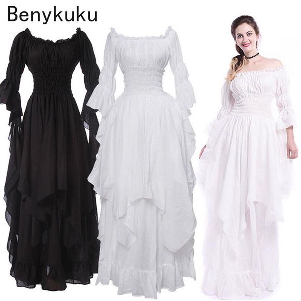 Weißes viktorianisches mittelalterliches langes Kleid Plus Size Damen Cosplay Halloween Kostüm Prinzessin Kleid Renaissance Vintage Gothic Kleider Q072613