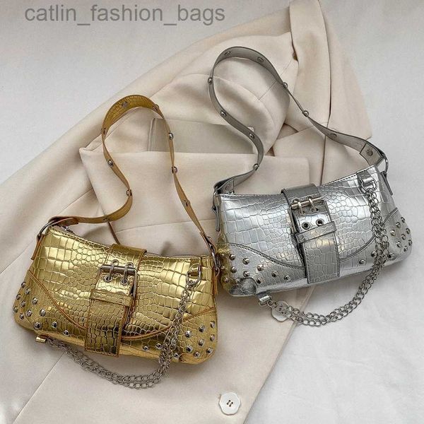 Çapraz vücut moda omuz çantası gotik bayanlar çanta tarzı modaya uygun kaya el çantası perçin zinciri seyahat tatili gün Dailycatlin_fashion_bags