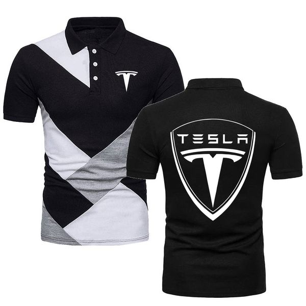 Camisas polo casuais esportivas masculinas, estilo militar, manga curta, camisetas com logotipo do carro tesla, cores contrastantes