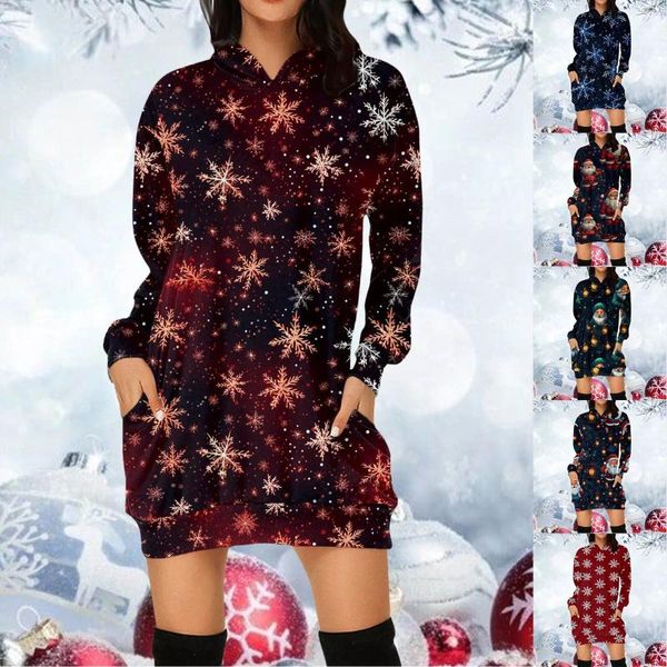 Hoodies femininos moda feminina impressão de natal manga longa com capuz vestidos de verão para mulheres casual praia vestido floral