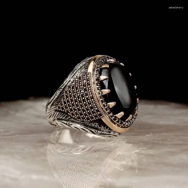 Anéis de casamento punk artesanal anel de sinete turco para homens vintage cor prata metal incrustado pedra preta jóias religiosas muçulmanas