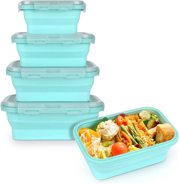 Bento-Boxen, zusammenklappbare Silikon-Lunchbox, Bento-Boxen, Behälter für die Zubereitung von Mahlzeiten, für die Küche, mikrowellen-, gefrier- und spülmaschinenfest, 4er-Set 231013