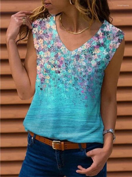 Damen-T-Shirts, Damen-Sommer-Strandhemd, Cami-Tanktops, lässig, ärmellos, lockeres Blumen-Unterhemd mit V-Ausschnitt, Damen-T-Shirt-Bluse aus Baumwolle