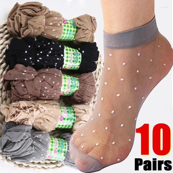 Frauen Socken 20Pc 10Pairs Kühlen Atmungsaktive Strümpfe Sommer Stil Sexy Schwarz Haut Socke Einfarbig Polka Dot Hohe stretch Nylon