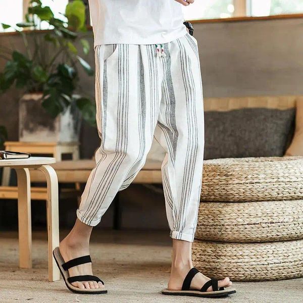 Männer Hosen 2023 Sommer Mode Lose Beiläufige Trendy Vielseitig Dünne Atmungsaktive Vertikale Gestreiften Leinen Oversize Cropped