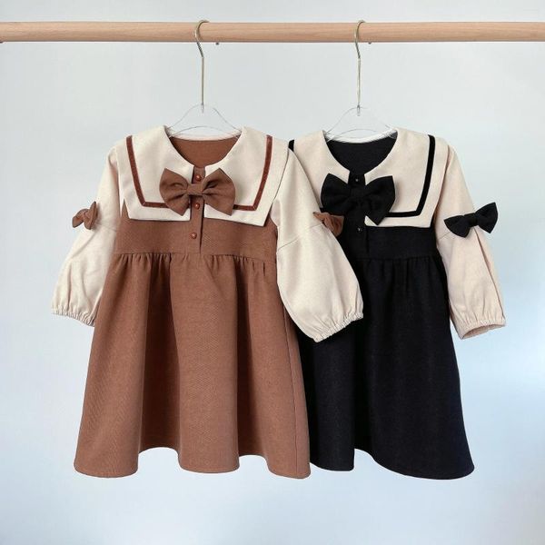 Mädchen Kleider Koreanischen Stil Frühling Herbst Bowknot Verziert Farbe Mix Prinzessin Kleid Rundhals Kinder Outwears Streetwears