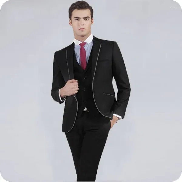 Herrenanzüge nach Maß, schwarze Hochzeit für Männer, Blazer, weiße Slim-Fit-Bräutigam-Smoking, 3-teilige Jacke, neueste Mantel-Hose-Designs, Kostüm Homme