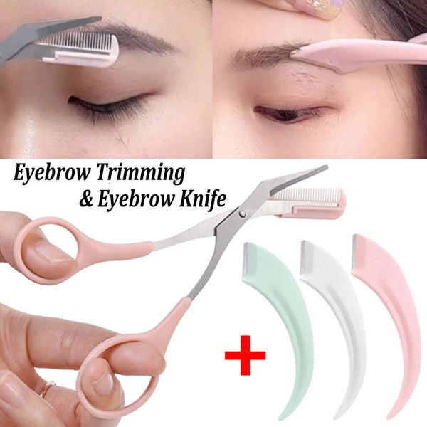 Recortador de cejas 2 uds, juego de recortador de cejas, peine portátil para cejas, tijeras, cuchillo para cejas, afeitadora facial profesional para mujeres, maquinilla de afeitar, herramienta de maquillaje 231016