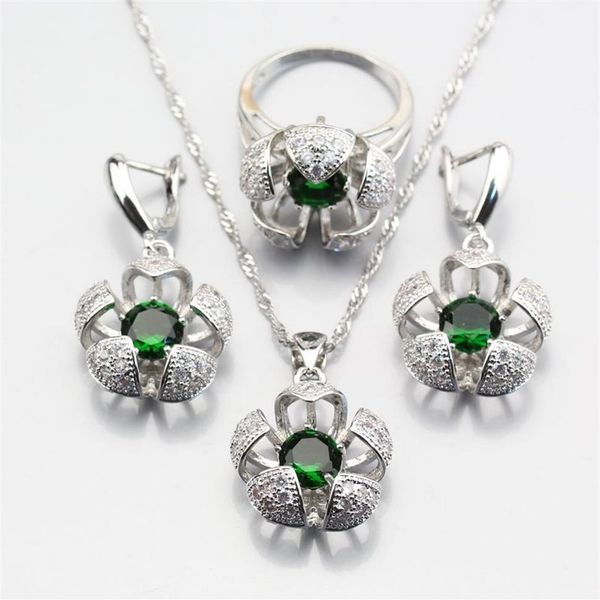 Orecchini Collana Vendita Tridimensionale Argento Colore Verde Creato Set di gioielli con fiori di smeraldo per le donne Anello 6 7 8 9 10 JS3252J