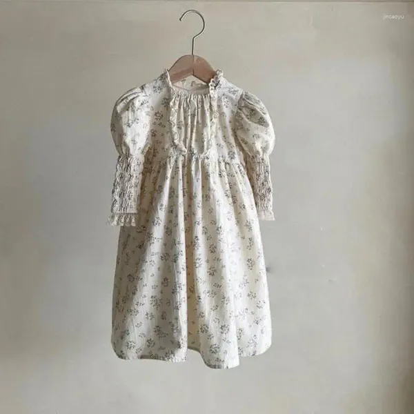 Abiti da ragazza 2023 Autunno Abbigliamento per bambini Bambino Pizzo Stampa floreale Stile pastorale Abito da festa casual Bambini Cotone Moda Principessa