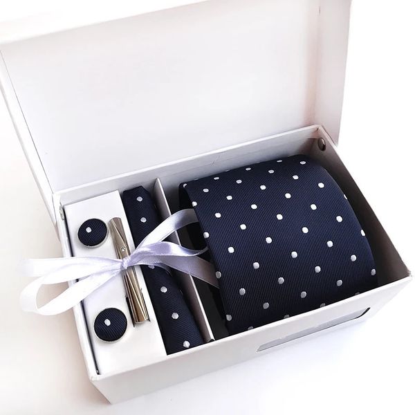 Gravatas de pescoço 8cm conjuntos de gravatas com caixa presentes para homens bolinhas gravatas abotoaduras lenço quadrado negócios festa de casamento homem gravatas kit 231013