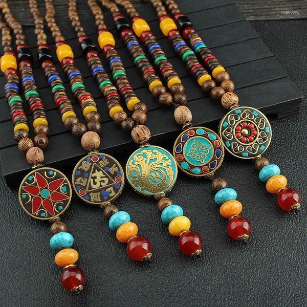 Collane con ciondolo Collana in stile esotico retrò Thangka con perline di legno Collana a catena con maglione Accessori cinesi lunghi Nepal da uomo e da donna