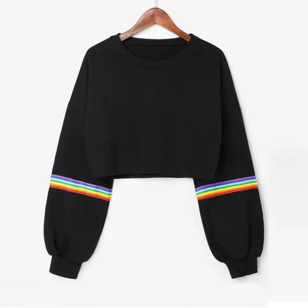 Felpa corta da donna a maniche lunghe a righe a righe arcobaleno Felpa corta maglione pullover nero Top Felpe da donna Sudadera