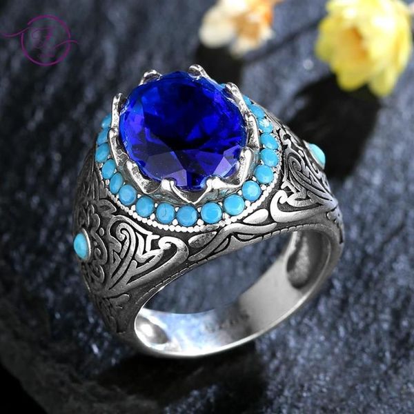 Anéis de cluster 925 anel de prata esterlina luxo safira azul escuro zircão pedra para homens mulheres gemstone jóias finas gift230a