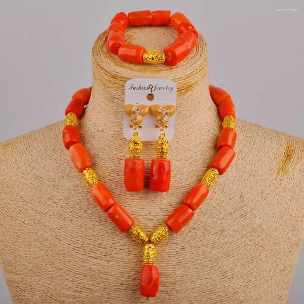 Halskette Ohrringe Set Afrikanische Einfache Hochzeit Kleid Zubehör Orange Natürliche Korallen Perle Frauen Nigerianischen Braut Schmuck AU-584