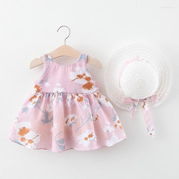 Vestidos de menina vestido de bebê 2023 verão arco impressão com chapéu 2 peça roupas ternos estilo bohemia nascido infantil criança