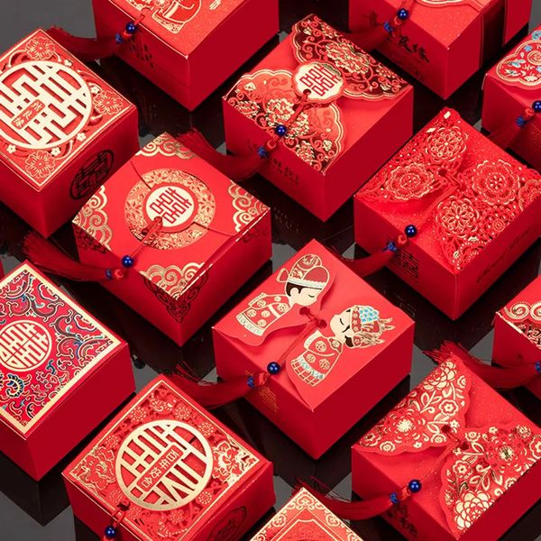 Envoltório de presente 50 pcs criativo vermelho estilo chinês caixas de doces presentes de casamento para convidados mariage papel caixa de embalagem de chocolate boite gateau mariage 231017