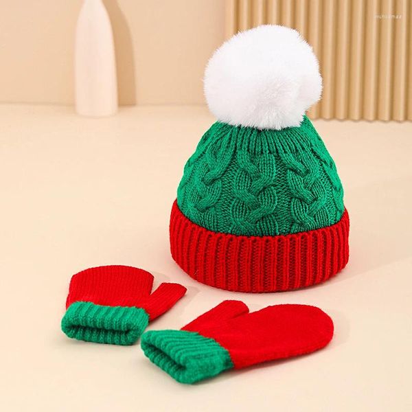 Chapéus 2 Pçs/set Chapéu de Natal Luvas Conjunto Pompom Malha Crianças Menina Inverno Quente Papai Noel Cap Xmas Ano Presentes