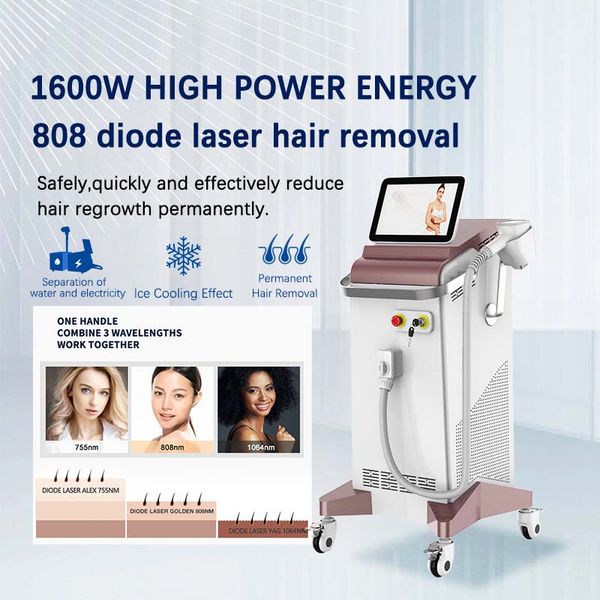 2023 Nouvelle technologie 1600W 755 808 1064 Nm Ice indolore 755nm Diode laser Épilation permanente Équipement de soins de la peau pour toutes les couleurs de peau avec système de refroidissement