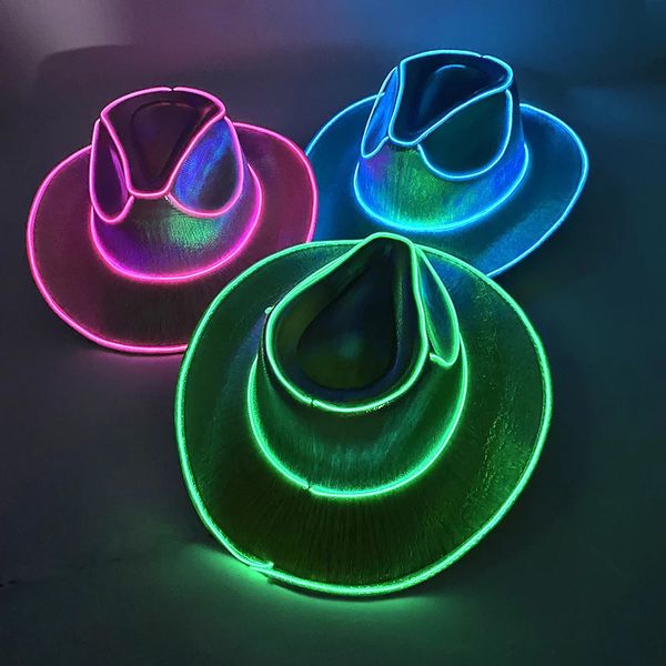 Cappelli a tesa larga Cappelli a secchiello Halloween Discoteca senza fili Luminoso Led Sposa Cappello da cowgirl Cappello luminoso luminoso Berretto da addio al nubilato Forniture per feste di addio al nubilato Lampeggiante Neon Western 231016