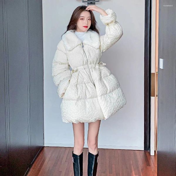 Trench da donna Parka da donna Design Giacca invernale in cotone Donna Elastico in vita Studenti Coreano Collo in pelliccia sintetica Caldo cappotto a trapezio