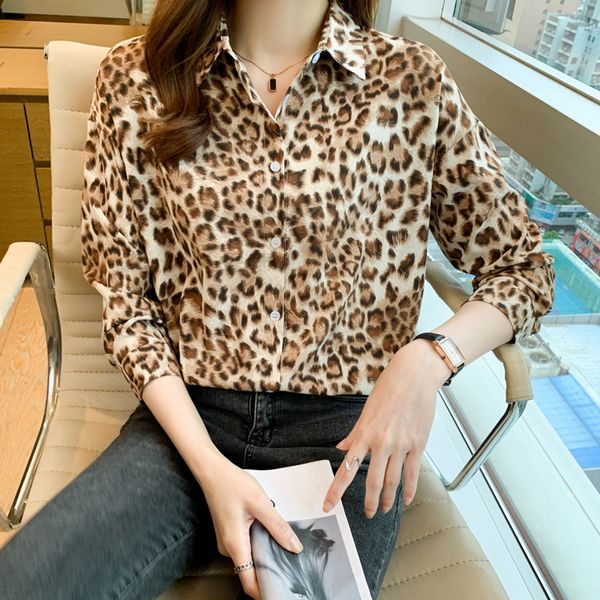 Leopardo impressão cetim mulher camisa designer de botão up camisas de manga longa outono inverno clássico lapela bLoups 2023 office ladies casuais tops versáteis plus size