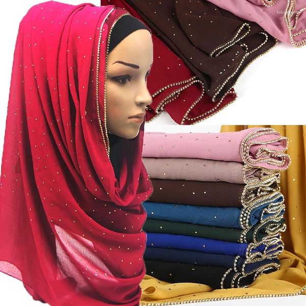 Sciarpe 1 pezzo Sciarpa Hijab solida Catena d'oro Musulmana Pianura Bolla Chiffon di cristallo Avvolge Scialli Fascia per capelli lunga