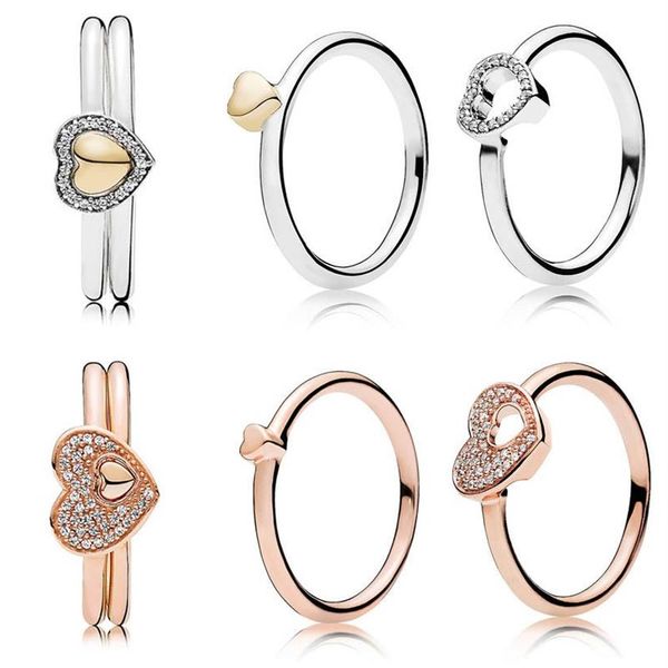 Rosa corando romance quebra-cabeça coração de ouro conjunto de presente anéis com cristal 925 anel de prata esterlina diy europa jóias320c