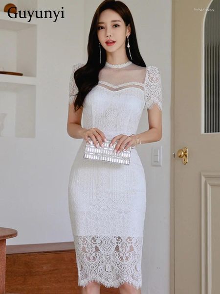 Partykleider Elegantes Kleid Sommer Koreanische Version Weiße Spitze Sexy Perspektive Mesh Stehkragen Zurück Hohe Taille Mantel Damen