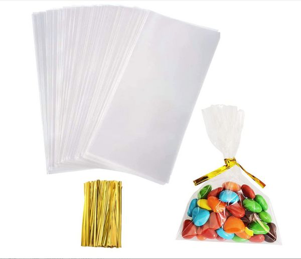 Metalik bükülme ile temiz çello selofan tedavi torbaları fırın şekeri için plastik hediye çantaları, parti lehine, kurabiyeler, şeker ambalajı