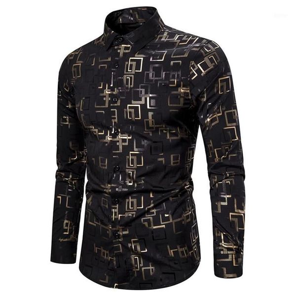 Camisa masculina preta com botão bronzeado, vestido de baile de casamento, camisa masculina de manga comprida, camisa de festa para boate, 2020m 1258m