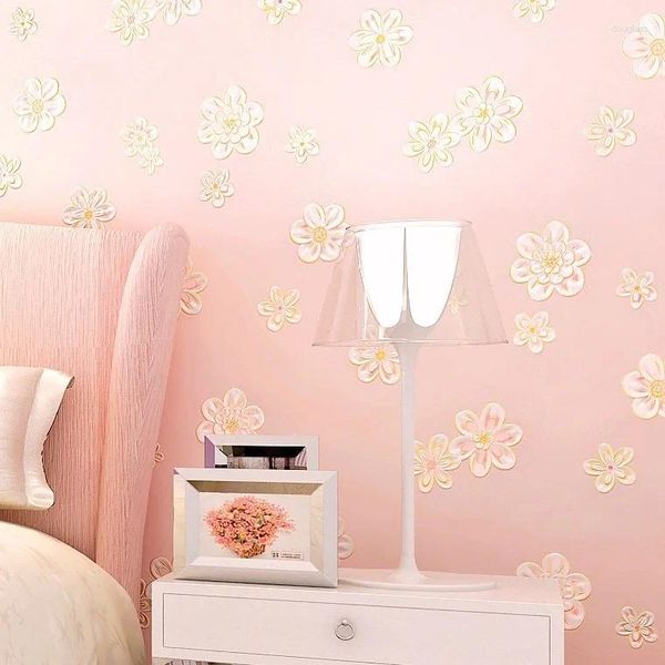 Wallpapers espessado 3D quente pastoral papel de parede quarto sala de estar casamento não tecido meninas flores rosa