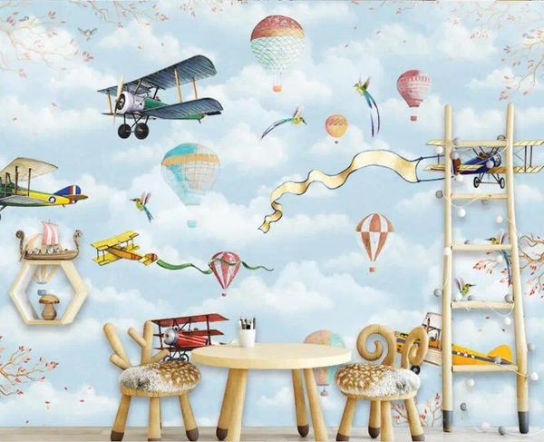 Tapeten CJSIR Benutzerdefinierte Kinderzimmer Dekoration Tapete Cartoon Luftballon Kirschblüte Retro Flugzeug Wolken 3d