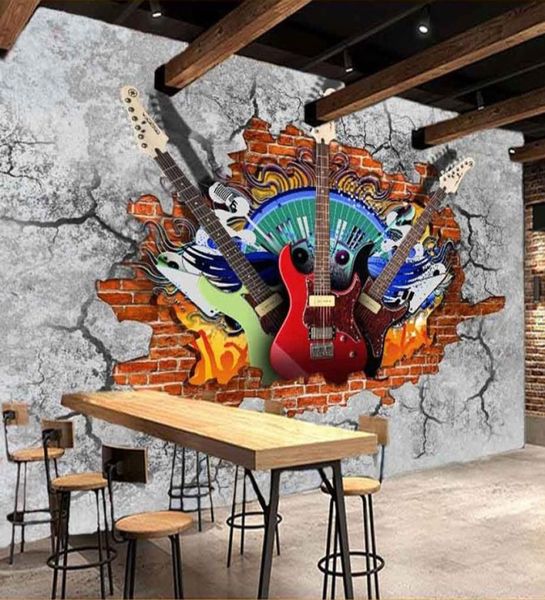 Murales 3D personalizzati Carta da parati Chitarra Rock Graffiti Art Muro di mattoni rotti KTV Bar Utensili Decorazione della casa Pittura murale Fresco1611200