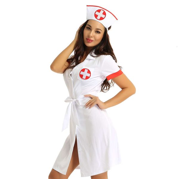 Traje temático feminino sexy enfermeira traje profundo v sexy médico cosplay adulto enfermeira uniforme role play vestido de festa com cinto e chapéu feminino