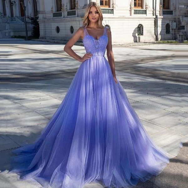 Abiti da festa ANGELSBRIDEP Lavanda Appliques Pizzo Glitter Prom Una linea Tulle Abito da sera formale Corsetto elegante Abiti da donna