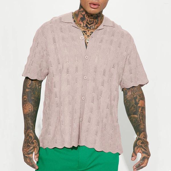 Männer Casual Shirts Sommer Gestrickte Kurzarm Lose Komfort Anliegende T-shirt Tops Männlich einreiher V-ausschnitt Bluse 2023