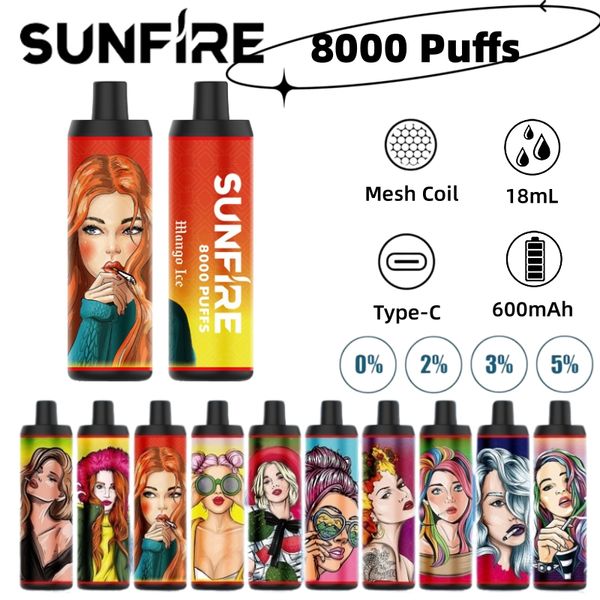 Elektronik Sigara Sunfire Bar Puffs 8000 Tek Kullanımlık Vaper 600mAh Şarj Edilebilir Pil Önceden Doldurulmuş Kartuş Mukavemeti 50mg 20mg 30mg 0mg Fabrika Vape Kutusu Paketleme