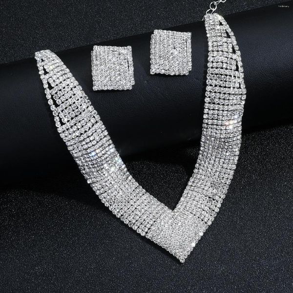 Choker 2023 Luxus Klassische Kristall Hochzeit Schmuck Sets Für Frauen Klare Geometrische Strass Halskette Set Braut Engagement