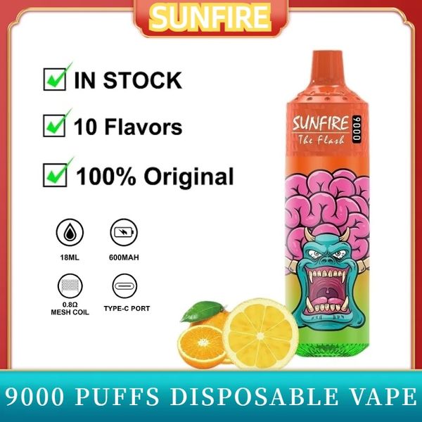 Pen do vape descartável original Sunfire 9000 10000 12000 Pushs Maior Puff contagens 600mAh Bateria 18ml EliCid 0mg 20mg 30mg 50mg Tornado Vape Pen Cherry Ice Sabor