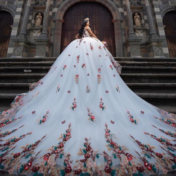 Сексуальное платье принцессы Quinceanera в форме сердца, 2024, корсет с открытыми плечами, аппликация и цветок, сладкий 16, Vestidos De 15 Anos