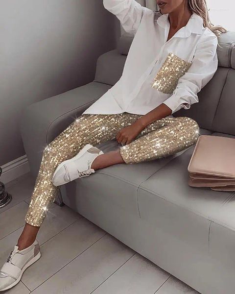 Calças femininas de duas peças 2 mulheres define lantejoulas manga longa camisa turn-down colarinho casual elástico glitter brilhante outono streetwear senhoras