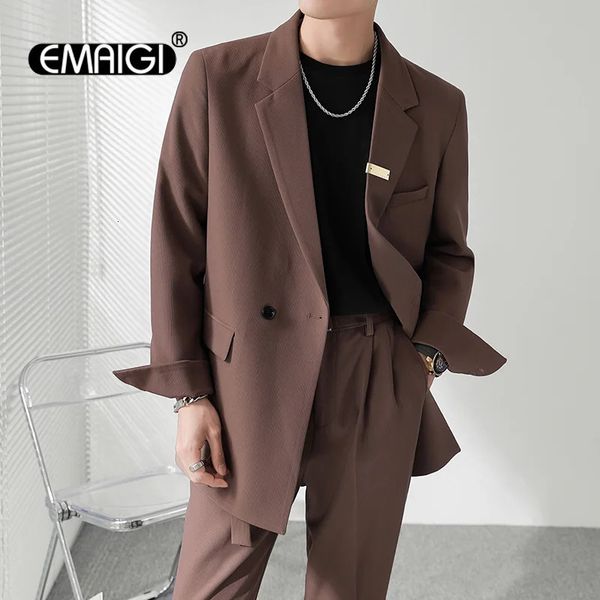 Mens Suits Blazers Çifte Bravatalı Blazer Erkekler Sokak Giyim Vintage Sıradan Kore Moda Ofis Elbise Kıyafet Ceket Erkek Ceket Düğün 231016