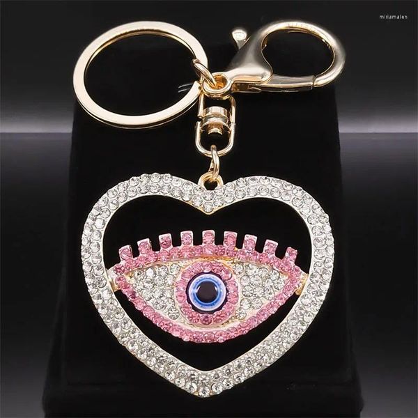 Chaveiros Turquia olho grego cílios coração chaveiro para mulheres homens rosa strass metal cor de ouro sorte chaveiro jóias ojo turco k9036s01