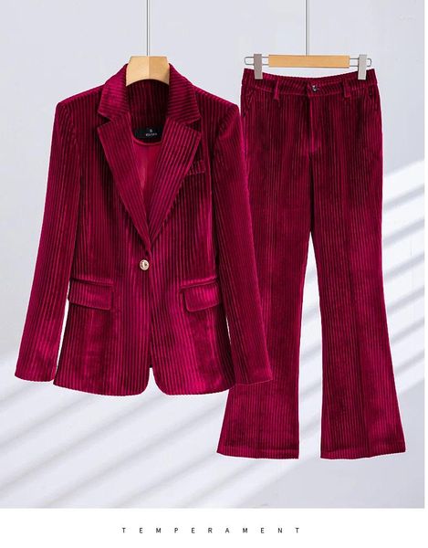 Женские брюки-двойки, женский деловой брючный костюм 2023, осень-зима, винно-красный, черный, синий, зеленый, пиджак и брюки, офисный женский деловой костюм 2