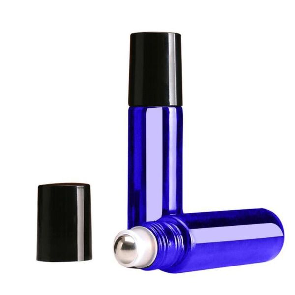 Garrafas rollon de vidro azul cobalto, 10 ml, com bola de rolo de aço inoxidável, perfume, óleo essencial, massagem, recipiente de vidro grosso portátil zz