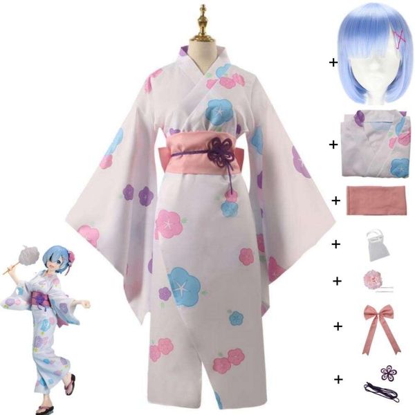 Cosplay Anime Rem Re La vita in un mondo diverso da Zero Kara Himeru Isekai Seikatsu Costume cosplay Parrucca Hallowen Kimono Accappatoio