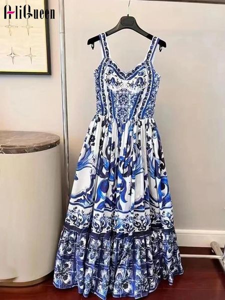 Casual Kleider Hohe Qualität Runway Porzellan Druck Maxi Elegante Frauen Retro Sexy Backless Spaghetti Strap Boho Party Kleid Sommerkleid