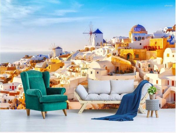 Wallpapers 3d papel de parede pano personalizado po romântico grego santorini amor mar melhoria home murais para sala de estar